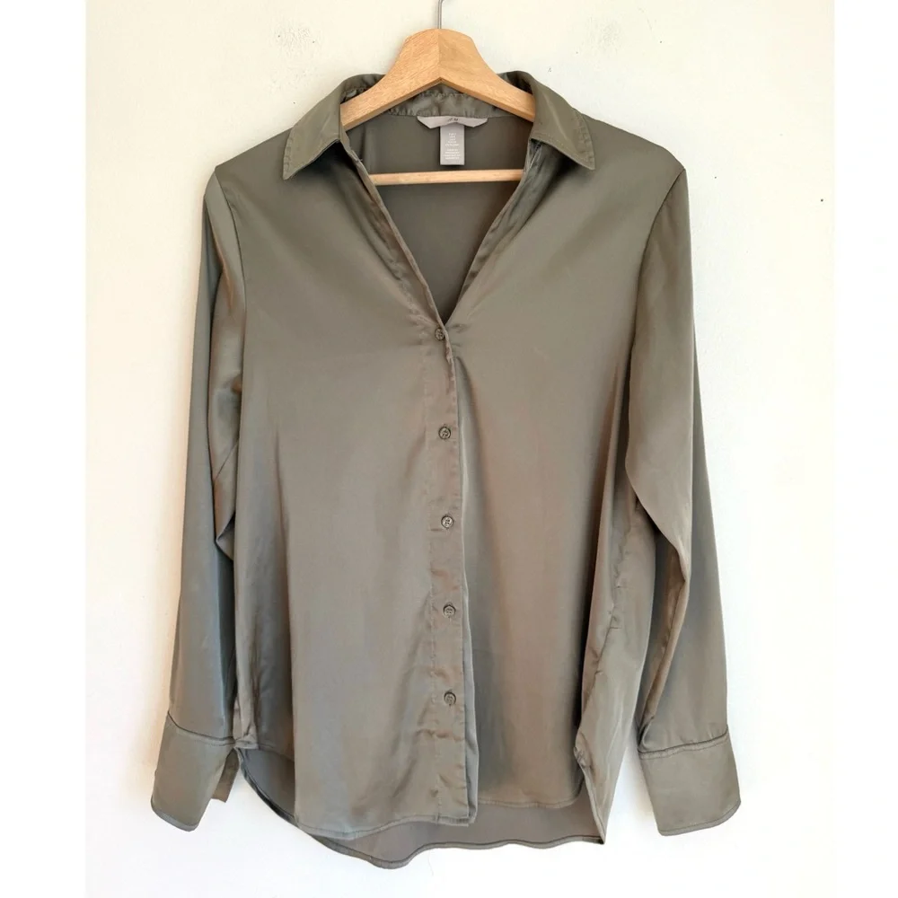 H&M Satin Button-Down Blouse in Muted Olive Green